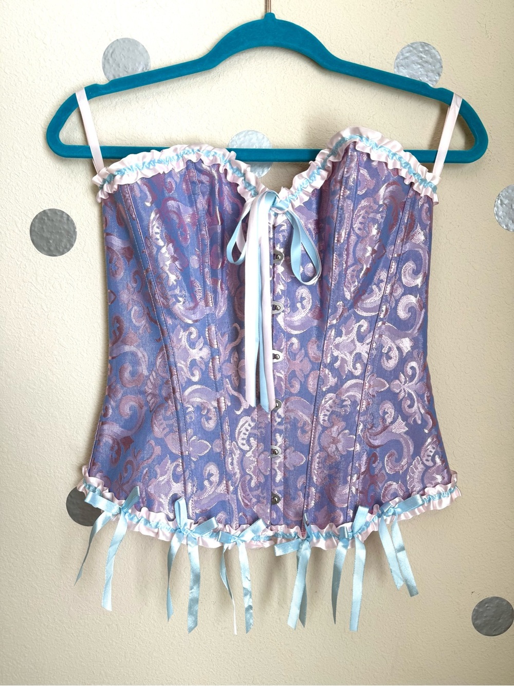 Pink/Purple Lace-Up Boned Brocade Bustier Corset w Metal Hooks Ribbon Trim